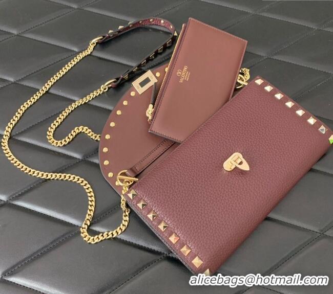 Good Looking Valentino Rockstud Wallet with Chain in Grainy Calfskin 059 Burgundy 2024