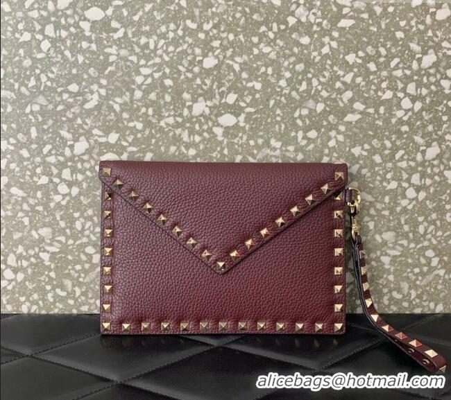 Luxurious Grade Valentino Rockstud Grainy Calfskin pouch VLTN053 Burgundy 2024