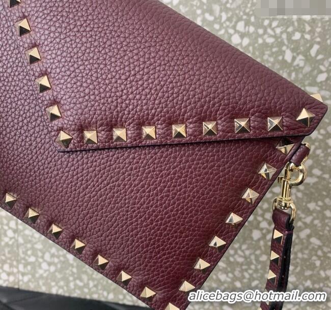 Luxurious Grade Valentino Rockstud Grainy Calfskin pouch VLTN053 Burgundy 2024