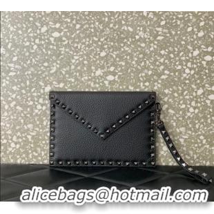 Best Price Valentino Rockstud Grainy Calfskin pouch VLTN053 Black/Gunmetal 2024