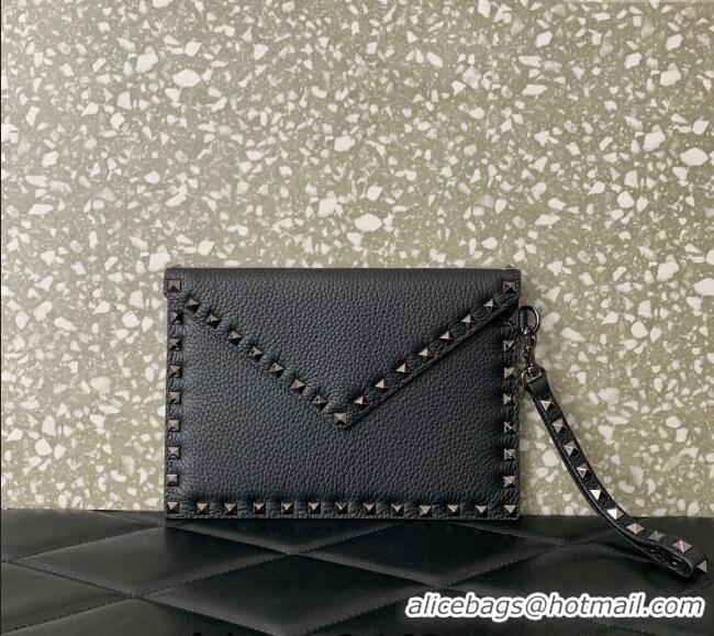 Best Price Valentino Rockstud Grainy Calfskin pouch VLTN053 Black/Gunmetal 2024