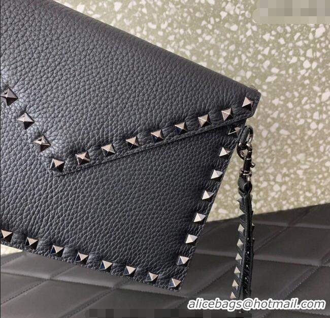 Best Price Valentino Rockstud Grainy Calfskin pouch VLTN053 Black/Gunmetal 2024