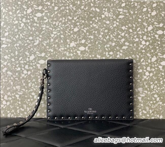 Best Price Valentino Rockstud Grainy Calfskin pouch VLTN053 Black/Gunmetal 2024