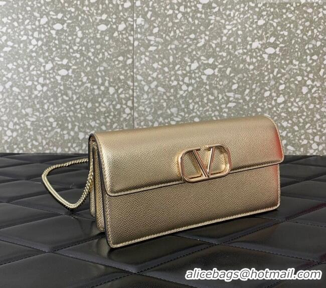 Top Quality Valentino VLogo Grainy Calfskin Chain Clutch VLTN061 Light Gold 2024