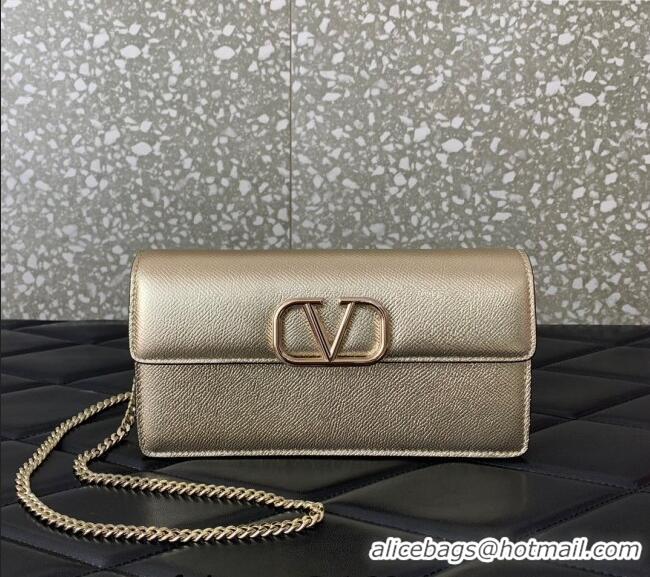 Top Quality Valentino VLogo Grainy Calfskin Chain Clutch VLTN061 Light Gold 2024
