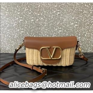 Best Product Valentino Logo Small Shoulder bag in Leather and Wicker 5055 Brown 2024