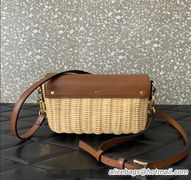 Best Product Valentino Logo Small Shoulder bag in Leather and Wicker 5055 Brown 2024