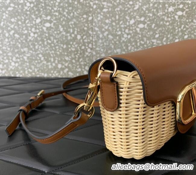 Best Product Valentino Logo Small Shoulder bag in Leather and Wicker 5055 Brown 2024