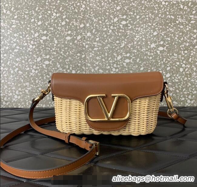 Best Product Valentino Logo Small Shoulder bag in Leather and Wicker 5055 Brown 2024