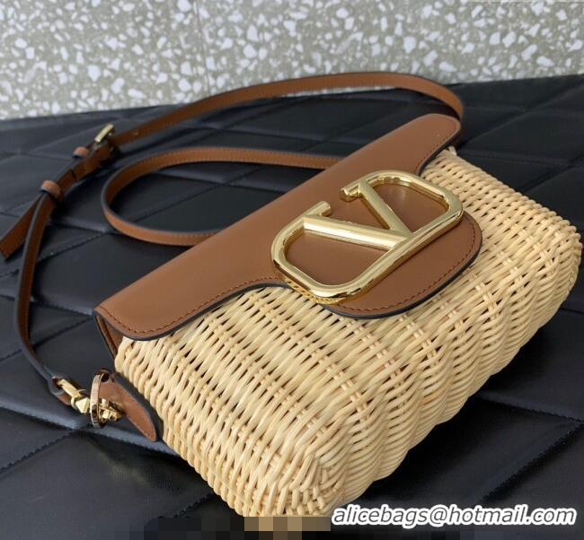 Best Product Valentino Logo Small Shoulder bag in Leather and Wicker 5055 Brown 2024