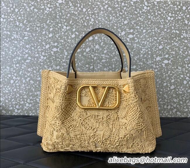 Super Quality Valentino Small VLogo Shopping Summer Tote bag in Lace-Effect Raffia Straw 0220S 2024
