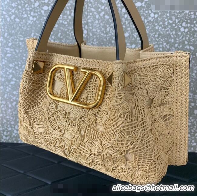 Super Quality Valentino Small VLogo Shopping Summer Tote bag in Lace-Effect Raffia Straw 0220S 2024