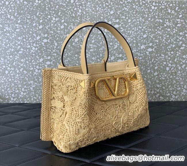 Super Quality Valentino Small VLogo Shopping Summer Tote bag in Lace-Effect Raffia Straw 0220S 2024