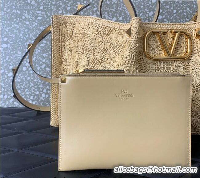 Unique Grade Valentino Medium VLogo Shopping Summer Tote bag in Lace-Effect Raffia Straw 0220L 2024