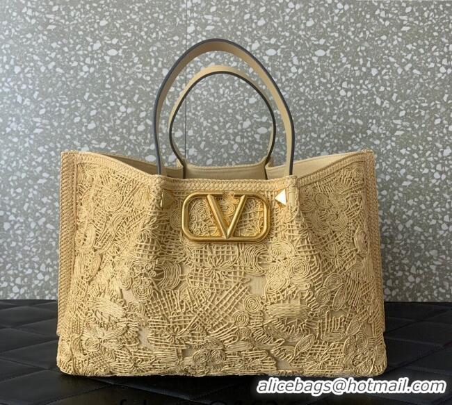 Unique Grade Valentino Medium VLogo Shopping Summer Tote bag in Lace-Effect Raffia Straw 0220L 2024
