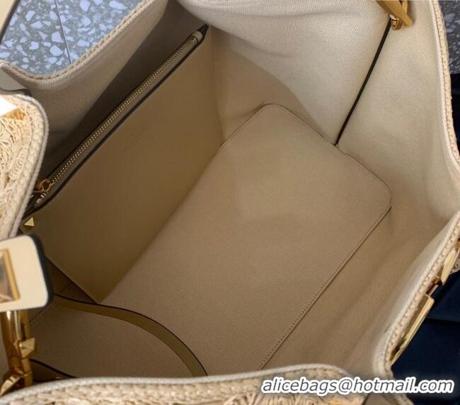 Unique Grade Valentino Medium VLogo Shopping Summer Tote bag in Lace-Effect Raffia Straw 0220L 2024