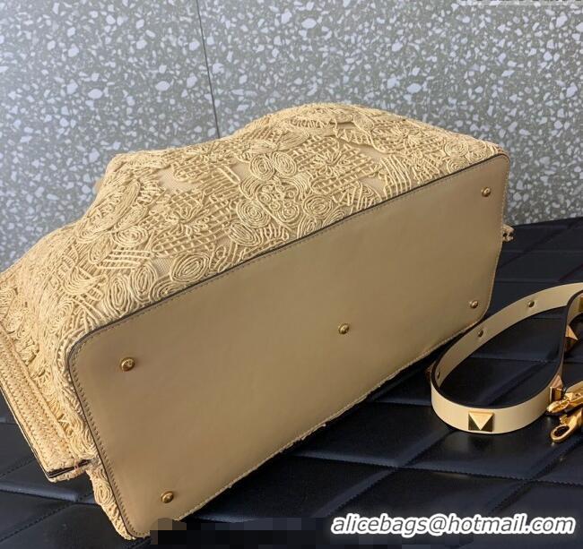 Unique Grade Valentino Medium VLogo Shopping Summer Tote bag in Lace-Effect Raffia Straw 0220L 2024
