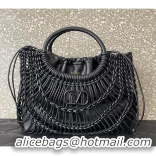 Top Design Valentino AllKnots Woven Leather Shopper Tote bag 0997 Black 2024