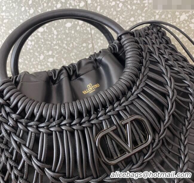 Top Design Valentino AllKnots Woven Leather Shopper Tote bag 0997 Black 2024