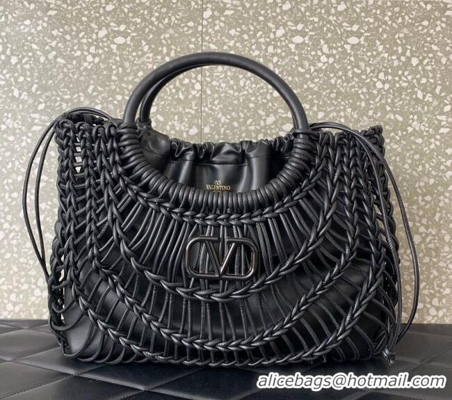 Top Design Valentino AllKnots Woven Leather Shopper Tote bag 0997 Black 2024