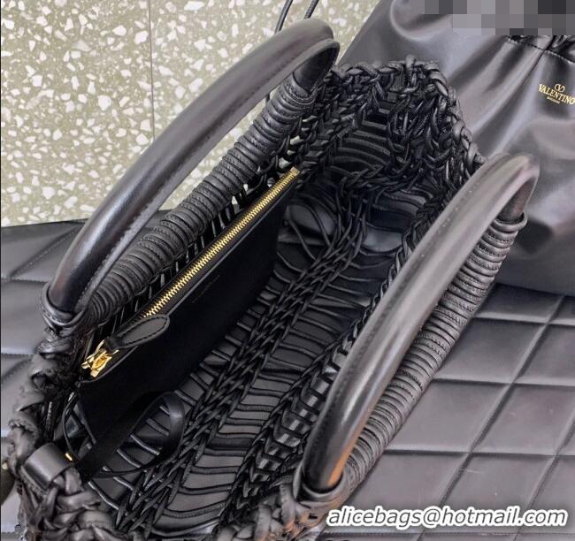 Top Design Valentino AllKnots Woven Leather Shopper Tote bag 0997 Black 2024