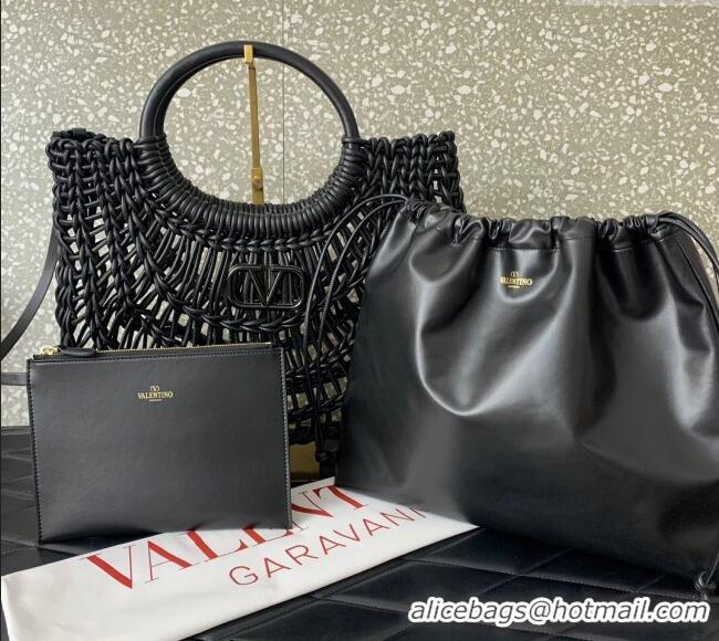 Top Design Valentino AllKnots Woven Leather Shopper Tote bag 0997 Black 2024