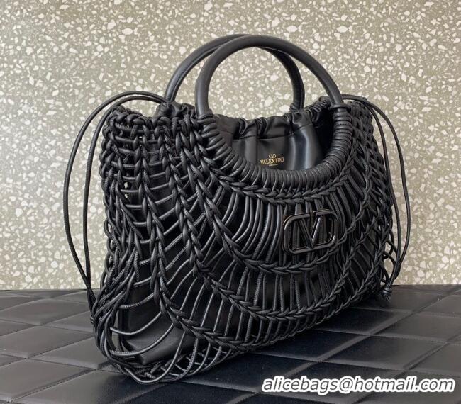 Top Design Valentino AllKnots Woven Leather Shopper Tote bag 0997 Black 2024