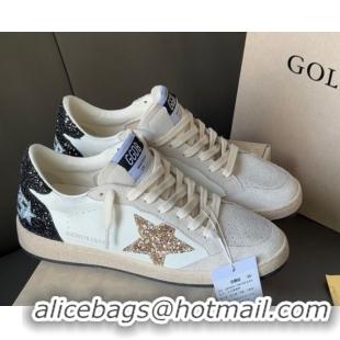 Feminine Golden Goose Women’s Ball Star LTD in white nappa leather and grey suede with glitter star and black heel tab 0