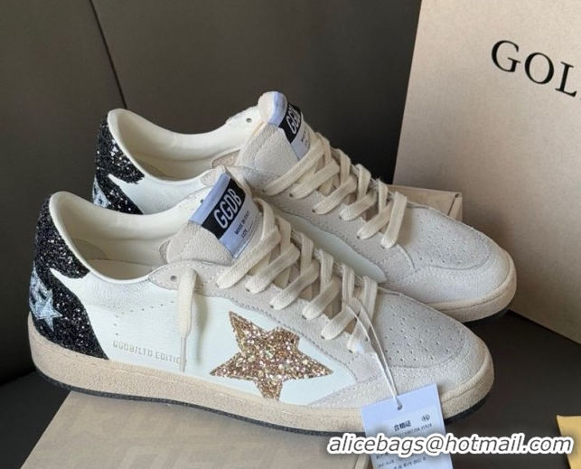 Feminine Golden Goose Women’s Ball Star LTD in white nappa leather and grey suede with glitter star and black heel tab 0