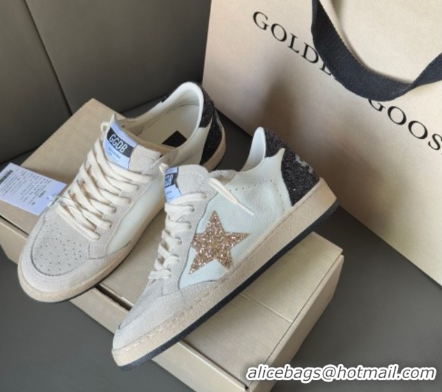 Feminine Golden Goose Women’s Ball Star LTD in white nappa leather and grey suede with glitter star and black heel tab 0