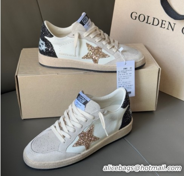 Feminine Golden Goose Women’s Ball Star LTD in white nappa leather and grey suede with glitter star and black heel tab 0
