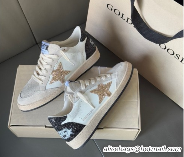 Feminine Golden Goose Women’s Ball Star LTD in white nappa leather and grey suede with glitter star and black heel tab 0