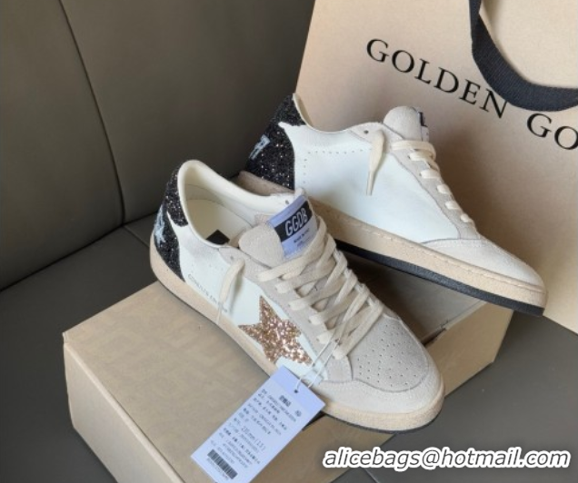 Feminine Golden Goose Women’s Ball Star LTD in white nappa leather and grey suede with glitter star and black heel tab 0