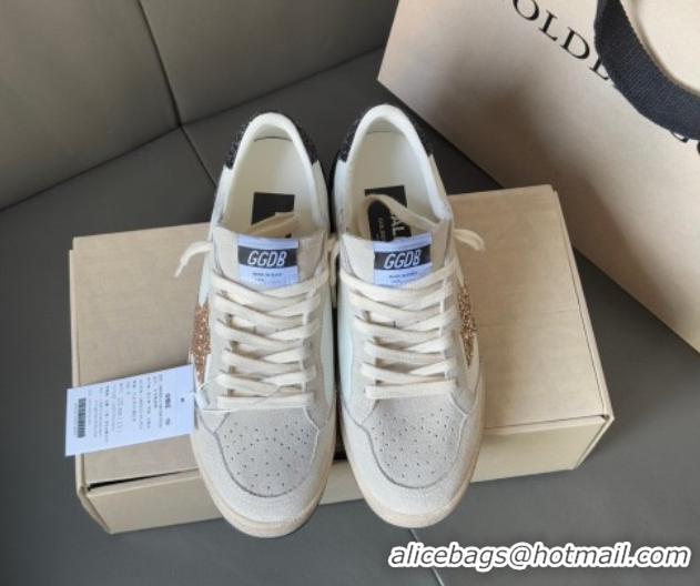 Feminine Golden Goose Women’s Ball Star LTD in white nappa leather and grey suede with glitter star and black heel tab 0
