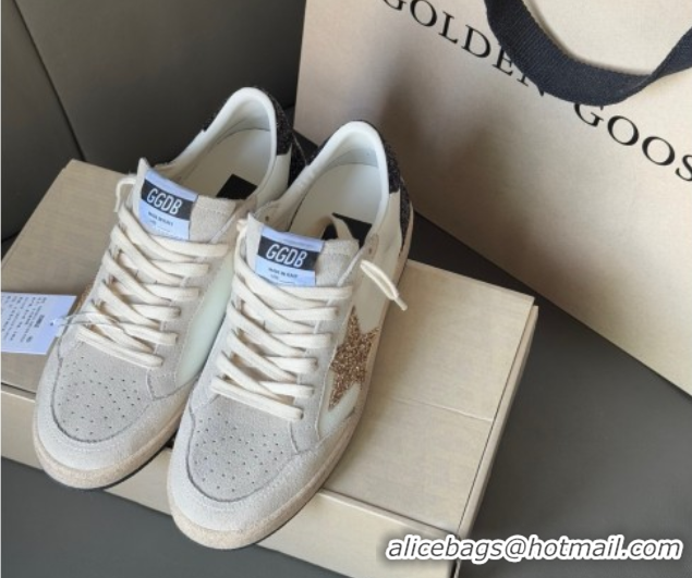 Feminine Golden Goose Women’s Ball Star LTD in white nappa leather and grey suede with glitter star and black heel tab 0