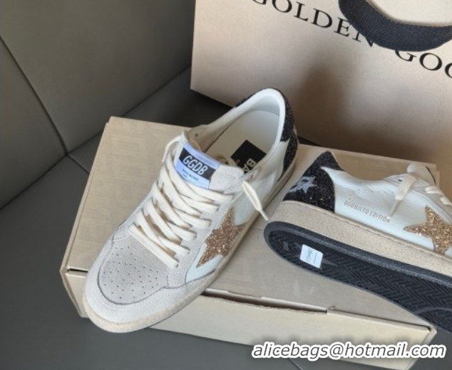 Feminine Golden Goose Women’s Ball Star LTD in white nappa leather and grey suede with glitter star and black heel tab 0