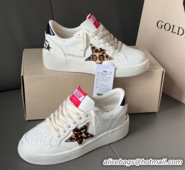 Best Grade Golden Goose Ball Star with leopard pony skin star and black laminated leather heel tab White 0902092