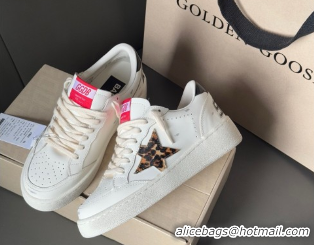 Best Grade Golden Goose Ball Star with leopard pony skin star and black laminated leather heel tab White 0902092