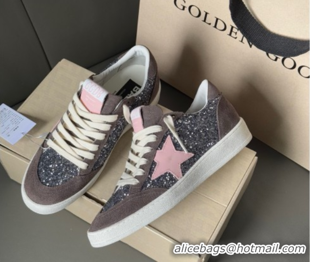 Best Price Golden Goose Women’s Ball Star in grey glitter with brown suede inserts and pink star 0902093