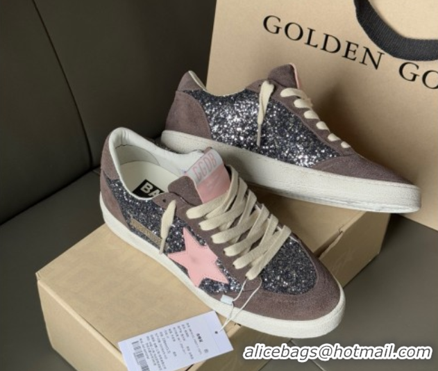 Best Price Golden Goose Women’s Ball Star in grey glitter with brown suede inserts and pink star 0902093