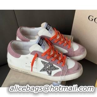 Pretty Style Golden Goose Women's Super-Star with silver glitter star and lilac purple suede heel tab 0902095