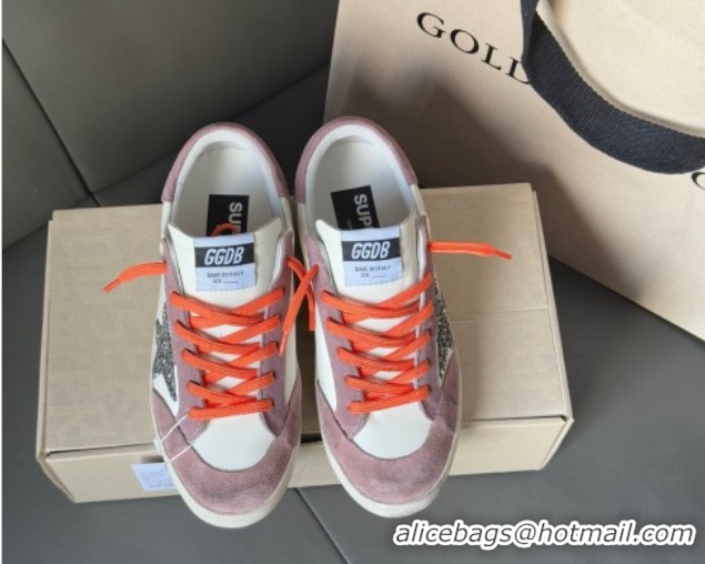 Pretty Style Golden Goose Women's Super-Star with silver glitter star and lilac purple suede heel tab 0902095