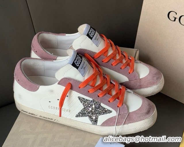 Pretty Style Golden Goose Women's Super-Star with silver glitter star and lilac purple suede heel tab 0902095