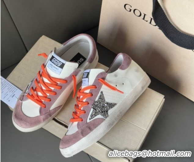 Pretty Style Golden Goose Women's Super-Star with silver glitter star and lilac purple suede heel tab 0902095