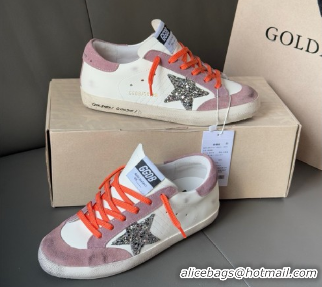Pretty Style Golden Goose Women's Super-Star with silver glitter star and lilac purple suede heel tab 0902095