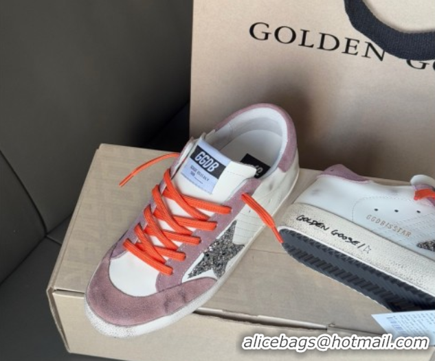 Pretty Style Golden Goose Women's Super-Star with silver glitter star and lilac purple suede heel tab 0902095