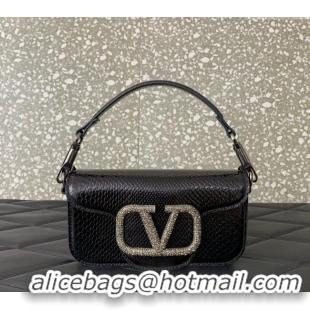 Best Price Valentino Loco Small Shoulder Bag in Snakeskin Embossed Leather with Strass VLTN5030 Black 2024