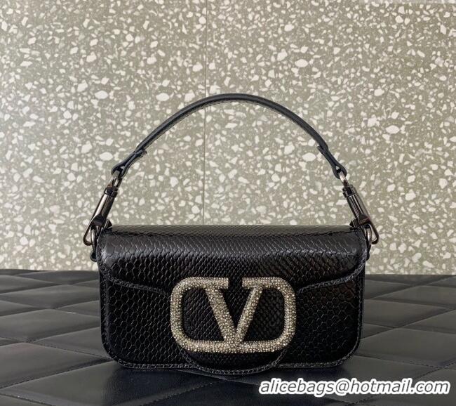 Best Price Valentino Loco Small Shoulder Bag in Snakeskin Embossed Leather with Strass VLTN5030 Black 2024
