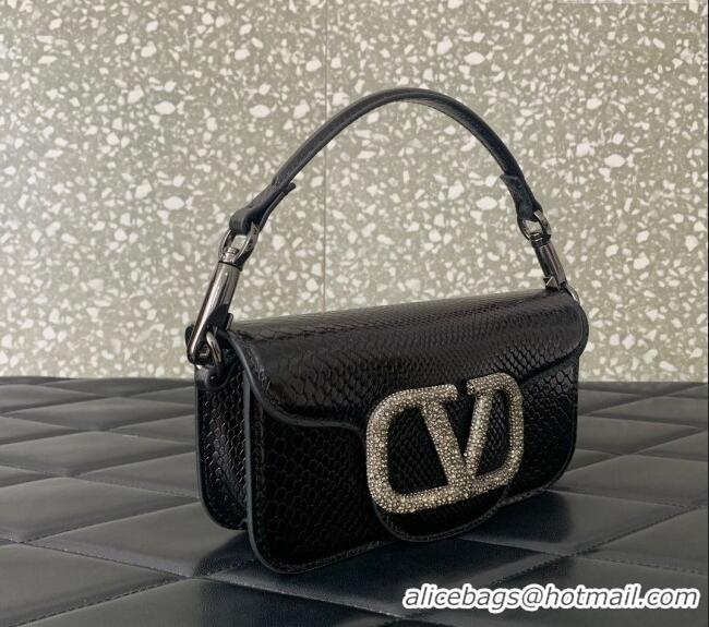 Best Price Valentino Loco Small Shoulder Bag in Snakeskin Embossed Leather with Strass VLTN5030 Black 2024