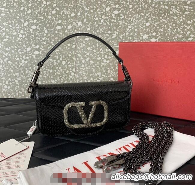 Best Price Valentino Loco Small Shoulder Bag in Snakeskin Embossed Leather with Strass VLTN5030 Black 2024
